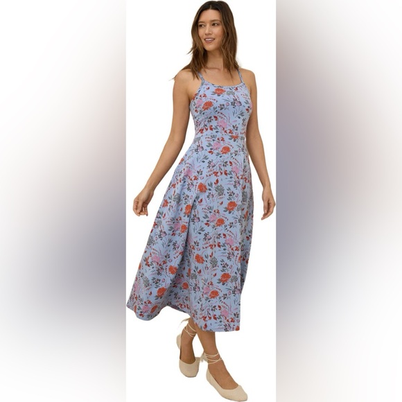 NWOT Pact Organic Cotton Fit & Flare Midi Dress Cornflower Blue Floral Medium NWOT Pact Organic Cotton Fit & Flare Midi Dress Cornflower Blue Floral Medium